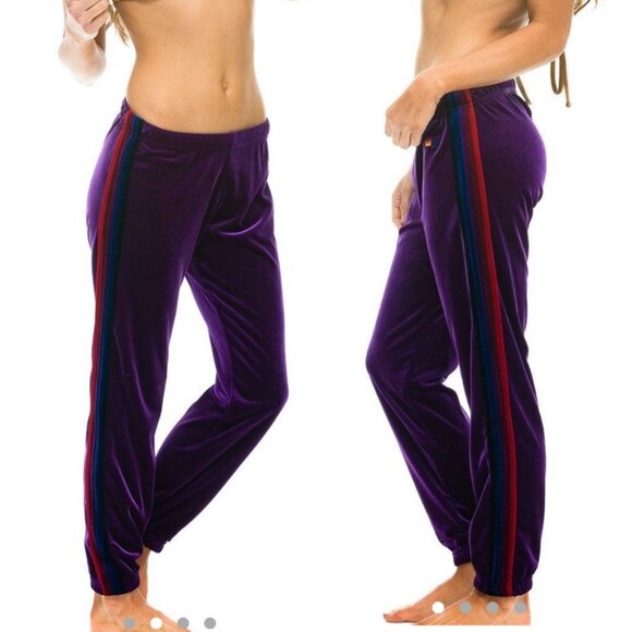 AVIATOR NATION 5 Stripe Velour Velvet Sweatpants in Purple Size S - Picture 2 of 14